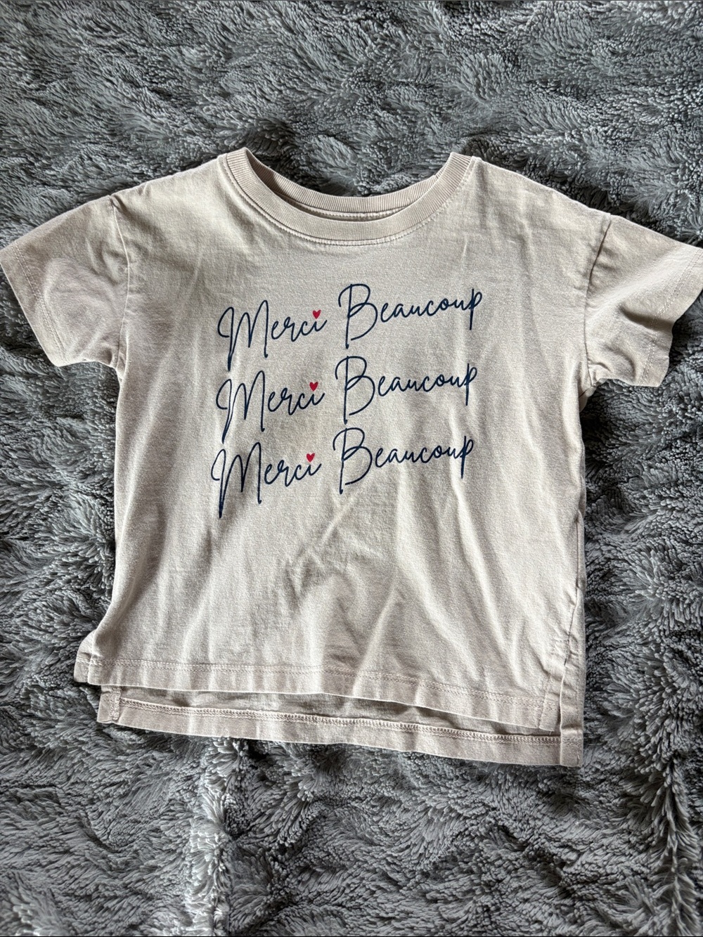 Kids Short Sleeve Cream Tee with Navy 'Merci Beaucoup' Script and Red Hearts